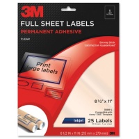 3M Permanent Adhesive Full Sheet Labels, 8.5 x 11 Inches, Clear, 25 per Pack (3500-L) 3M Permanent Adhesive Full Sheet Labels, 8.5 x 11 Inches, Clear, 25 per Pack (3500-L)