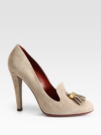 Suede silhouette topped with double tassels. Self-covered heel, 4¼ (110mm)Suede upperLeather lining and solePadded insoleMade in ItalyOUR FIT MODEL RECOMMENDS ordering one half size up as this style runs small. Suede silhouette topped with double tassels. Self-covered heel, 4¼ (110mm)Suede upperLeather lining and solePadded insoleMade in ItalyOUR FIT MODEL RECOMMENDS ordering one half size up as this style runs small.