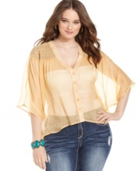 Be a sheer beauty in American Rag's butterfly sleeve plus size top, featuring a crochet back. Be a sheer beauty in American Rag's butterfly sleeve plus size top, featuring a crochet back.