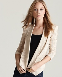 A striped Rebecca Minkoff blazer flaunts a pointed hem for a modern topping to work and weekend staples. Rendered in luxurious, lightweight silk, the tonal look lends instant sophistication to your every day. A striped Rebecca Minkoff blazer flaunts a pointed hem for a modern topping to work and weekend staples. Rendered in luxurious, lightweight silk, the tonal look lends instant sophistication to your every day.