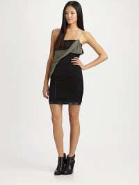 Body-con chic shaped by supple calfskin at the bust and hem, softened by a draped silk chiffon sash.Single strap from shoulder to sashStraight necklinePrincess seamsDouble hemAbout 16 from natural waistBody: 90% triacetate/10% polyester; sash: silk; trim: leatherDry clean by a leather specialistImported Body-con chic shaped by supple calfskin at the bust and hem, softened by a draped silk chiffon sash.Single strap from shoulder to sashStraight necklinePrincess seamsDouble hemAbout 16 from natural waistBody: 90% triacetate/10% polyester; sash: silk; trim: leatherDry clean by a leather specialistImported