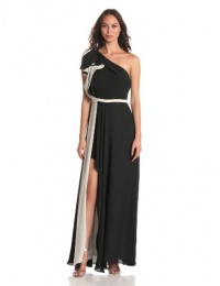 HALSTON HERITAGE Women's One Shoulder Colorblock Ruffle Gown, Black/Cream, 10 HALSTON HERITAGE Women's One Shoulder Colorblock Ruffle Gown, Black/Cream, 10