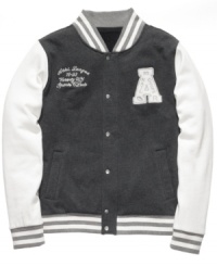 Timeless style. This retro-inspired letterman jacket is full of throwback cool. Timeless style. This retro-inspired letterman jacket is full of throwback cool.