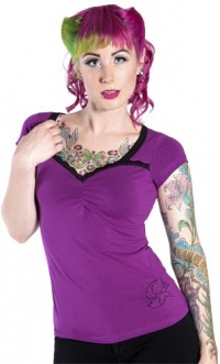 Purple Fly-Rite Shirt with Black Neck Border and Black Sparrow at Bottom Hem from Sourpuss Clothing Purple Fly-Rite Shirt with Black Neck Border and Black Sparrow at Bottom Hem from Sourpuss Clothing
