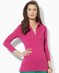 This tunic is rendered in soft cotton jersey and trimmed with lightweight linen for a textured, casual finish, from Lauren by Ralph Lauren. This tunic is rendered in soft cotton jersey and trimmed with lightweight linen for a textured, casual finish, from Lauren by Ralph Lauren.