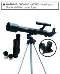 Astronomy 101! This full-size refractor telescope rests on a full-height, adjustable aluminum tripod, includes 3 eyepieces and a 3X Barlow Lens Delivering magnification up to 375X. Astronomy 101! This full-size refractor telescope rests on a full-height, adjustable aluminum tripod, includes 3 eyepieces and a 3X Barlow Lens Delivering magnification up to 375X.