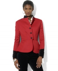 Crested metal buttons lend rich heritage style to Lauren Ralph Lauren's chic jacket, crafted for a traditional military look in sleek stretch wool tricotine with lush velvet accents. Crested metal buttons lend rich heritage style to Lauren Ralph Lauren's chic jacket, crafted for a traditional military look in sleek stretch wool tricotine with lush velvet accents.