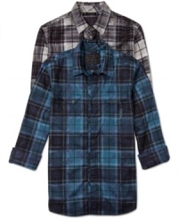 Retrofit long sleeve plaid Palmer shirts with asymmetrical flap pockets by Guess Jeans are always great with jeans and kicks.