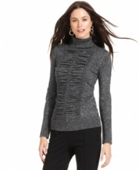 Alfani puts a chic spin on a turtleneck sweater by adding ruched panels at the front and metallic touches throughout. Alfani puts a chic spin on a turtleneck sweater by adding ruched panels at the front and metallic touches throughout.