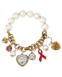 Support a worthy cause in style. The I'm a Survivor charm stretch bracelet from Betsey Johnson, crafted from gold-tone mixed metal and glass pearl accents, features pieces symbolizing the cause. Approximate length: 7-1/2 inches. Approximate drop: 1-1/4 inches.
