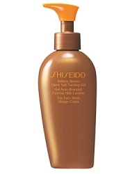Shiseido Brilliant Bronze Quick Self-Tanning Gel. An extremely effective translucent self-tanning gel for the face and body that quickly produces a deep, even glowing bronze color. Smoothes on with a cool sensation, absorbs instantly, and feels light and silky on skin. Blends in effortlessly to promote a faster-appearing, longer-lasting tan. Glides on with a pleasant scent and no sensation of stickiness or heaviness. Comes in an easy-to-use dispenser bottle. Shiseido Brilliant Bronze Quick Self-Tanning Gel. An extremely effective translucent self-tanning gel for the face and body that quickly produces a deep, even glowing bronze color. Smoothes on with a cool sensation, absorbs instantly, and feels light and silky on skin. Blends in effortlessly to promote a faster-appearing, longer-lasting tan. Glides on with a pleasant scent and no sensation of stickiness or heaviness. Comes in an easy-to-use dispenser bottle.