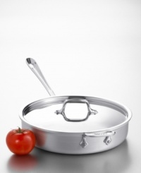 Brown meats, poultry and fish quickly in this sauté pan that combines stunning good looks with superior performance. 3-ply bonded construction with a handsome brushed aluminum exterior, pure aluminum core and an easy to clean stainless steel cooking service. The aluminum core extends up the straight sides for even heat distribution. Brushed stainless steel handle stays cool to the touch and is secured with non- corrosive rivets. Polished stainless steel lid keeps in flavor. Hand washing recommended. Lifetime warranty. Brown meats, poultry and fish quickly in this sauté pan that combines stunning good looks with superior performance. 3-ply bonded construction with a handsome brushed aluminum exterior, pure aluminum core and an easy to clean stainless steel cooking service. The aluminum core extends up the straight sides for even heat distribution. Brushed stainless steel handle stays cool to the touch and is secured with non- corrosive rivets. Polished stainless steel lid keeps in flavor. Hand washing recommended. Lifetime warranty.