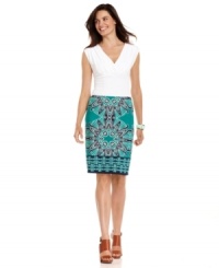 The intricate medallion print that graces this sleek Sunny Leigh skirt gives it chic, contemporary appeal. Wear it anywhere to give your look a bold graphic touch. The intricate medallion print that graces this sleek Sunny Leigh skirt gives it chic, contemporary appeal. Wear it anywhere to give your look a bold graphic touch.