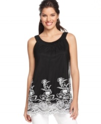 A sheer overlay with floral embroidery adds an extra feminine touch to this petite Alfani top. A sheer overlay with floral embroidery adds an extra feminine touch to this petite Alfani top.