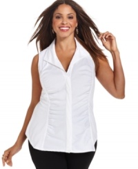 Featuring a ruched front, Alfani's sleeveless plus size shirt is a flattering addition to your day-to-play wardrobe. Featuring a ruched front, Alfani's sleeveless plus size shirt is a flattering addition to your day-to-play wardrobe.