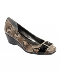 For a textured take on your workday. Alfani's Vina Step N Flex wedges feature contrasting buckle detail across the vamp and a foot-friendly heel. For a textured take on your workday. Alfani's Vina Step N Flex wedges feature contrasting buckle detail across the vamp and a foot-friendly heel.