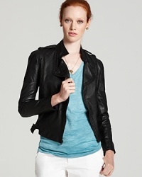 Start your engines, style mavens: this Alice + Olivia leather moto jacket is all revved up with quilted shoulder detailing, heavy metal buckles, and edgy zip cuffs. Start your engines, style mavens: this Alice + Olivia leather moto jacket is all revved up with quilted shoulder detailing, heavy metal buckles, and edgy zip cuffs.
