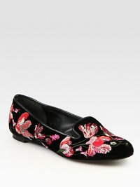 Embroidered flowers add fresh spring style to this classic silhouette of velour with leather lining and trim. Velour upper with leather trimLeather lining and solePadded insoleMade in ItalyOUR FIT MODEL RECOMMENDS ordering true size. Embroidered flowers add fresh spring style to this classic silhouette of velour with leather lining and trim. Velour upper with leather trimLeather lining and solePadded insoleMade in ItalyOUR FIT MODEL RECOMMENDS ordering true size.