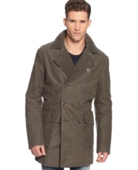 The edge of an officer's coat softened by velvety moleskin: Armani Jeans' double-breasted coat with oversized notched lapels. The edge of an officer's coat softened by velvety moleskin: Armani Jeans' double-breasted coat with oversized notched lapels.