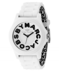 What's in a name? This fabulous watch by Marc by Marc Jacobs features a unique strap with a logo-printed inside. White plastic strap and round case. White dial with logo as markers and logo at twelve o'clock. Quartz movement. Water resistant to 30 meters. Two-year limited warranty. What's in a name? This fabulous watch by Marc by Marc Jacobs features a unique strap with a logo-printed inside. White plastic strap and round case. White dial with logo as markers and logo at twelve o'clock. Quartz movement. Water resistant to 30 meters. Two-year limited warranty.