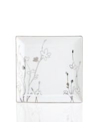 Wildflowers sparkle as they grow on the glazed white porcelain of Charter Club's Platinum Silhouette Square dinnerware. The dishes have a banded edge that adds a classic touch to square plates with modern spirit.