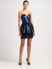 Channel metallic maven vibes in this shimmering peplum dress with a sweetheart neckline and structured bodice. Sweetheart necklineStraplessPeplum waist detailExposed back zipperAbout 20 from natural waist67% viscose/28% acrylic/5% polyesterDry cleanMade in USA of Italian fabricModel shown is 5'10 (177cm) wearing US size 4. Channel metallic maven vibes in this shimmering peplum dress with a sweetheart neckline and structured bodice. Sweetheart necklineStraplessPeplum waist detailExposed back zipperAbout 20 from natural waist67% viscose/28% acrylic/5% polyesterDry cleanMade in USA of Italian fabricModel shown is 5'10 (177cm) wearing US size 4.
