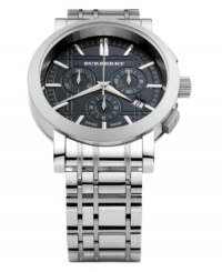 This Burberry timepiece features a stainless steel bracelet and round case. Anthracite-colored etched check chronograph dial with date window at four o'clock, three subdials and silver tone indices. Three hands. Swiss movement. Water resistant to 30 meters. Two-year limited warranty. This Burberry timepiece features a stainless steel bracelet and round case. Anthracite-colored etched check chronograph dial with date window at four o'clock, three subdials and silver tone indices. Three hands. Swiss movement. Water resistant to 30 meters. Two-year limited warranty.