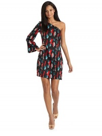 THE LOOKOne shoulder designSide zip with hook and eye closureOne long bell sleeveAbstract blurred stroke printTHE FITAbout 36 from shoulder to hemTHE MATERIALPolyesterFully linedCARE & ORIGINHand washImported THE LOOKOne shoulder designSide zip with hook and eye closureOne long bell sleeveAbstract blurred stroke printTHE FITAbout 36 from shoulder to hemTHE MATERIALPolyesterFully linedCARE & ORIGINHand washImported