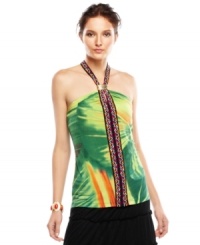 Inspired by the colorful style of Brasil, this Calvin Klein halter top feature a bold leaf-print for a bright summer look! Inspired by the colorful style of Brasil, this Calvin Klein halter top feature a bold leaf-print for a bright summer look!