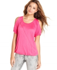 Slip into something comfy without forsaking style! Pretty Rebellious serves up casual-chic with a slub-knit tee that sports cool shoulder cutouts! Slip into something comfy without forsaking style! Pretty Rebellious serves up casual-chic with a slub-knit tee that sports cool shoulder cutouts!
