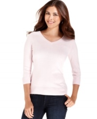 Cozy into Debbie Morgan's so-soft V-neck sweater. It's perfect for layering with button-front shirts and jeans! Cozy into Debbie Morgan's so-soft V-neck sweater. It's perfect for layering with button-front shirts and jeans!