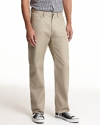 Five pocket straight leg pants in chino color. Classic look and fit. Plain back patch pockets.