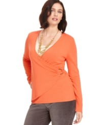 A slimming wrap design elegantly defines Charter Club's long sleeve plus size sweater-- it's an essential for the season! A slimming wrap design elegantly defines Charter Club's long sleeve plus size sweater-- it's an essential for the season!