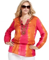 Get far-out style with MICHAEL Michael Kors' long sleeve plus size tunic top, flaunting a tie-dye print!