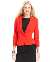 This bright red blazer from DKNY Jeans heats up any ensemble. Pair it with a pencil skirt or a dress for a bold take on polished dressing. This bright red blazer from DKNY Jeans heats up any ensemble. Pair it with a pencil skirt or a dress for a bold take on polished dressing.