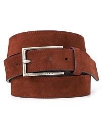 Finish off your attire with this handsome skinny belt, featuring soft suede and a thin rectangular brass buckle. Finish off your attire with this handsome skinny belt, featuring soft suede and a thin rectangular brass buckle.