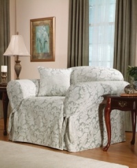 An effortless update and perfect furniture protector, the printed Scroll chair slipcover from Sure Fit features a draped skirt with back ties for a sleek fit over any style furniture. An effortless update and perfect furniture protector, the printed Scroll chair slipcover from Sure Fit features a draped skirt with back ties for a sleek fit over any style furniture.