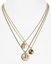 Coin and quartz charms exude an old-world, antique feel on Low Luv by Erin Wasson's charmed triple strand necklace. Coin and quartz charms exude an old-world, antique feel on Low Luv by Erin Wasson's charmed triple strand necklace.