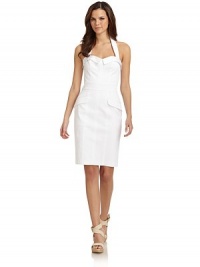 THE LOOKRibbed designHalter neckline with button closureSweetheart bust with collar detailSleevelessPrincess seamsBanded waistFront flap pocketsTHE FITAbout 37 from top to hemTHE MATERIAL98% cotton/2% elastaneFully linedCARE & ORIGINDry cleanImportedModel shown is 5'10 (177cm) wearing US size 4. THE LOOKRibbed designHalter neckline with button closureSweetheart bust with collar detailSleevelessPrincess seamsBanded waistFront flap pocketsTHE FITAbout 37 from top to hemTHE MATERIAL98% cotton/2% elastaneFully linedCARE & ORIGINDry cleanImportedModel shown is 5'10 (177cm) wearing US size 4.