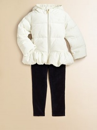 Soft to the touch and supremely plush, a cozy puffer coat gets a girly makeover with an adorable peplum hem for a look that's stylish and warm.Attached hood with elasticized openingLong sleevesFull-zip frontHidden, fleece-lined hand pocketsPeplum hemFully linedPolyesterFill: 60% down/40% feathersMachine washAdditional InformationKid's Apparel Size Guide Soft to the touch and supremely plush, a cozy puffer coat gets a girly makeover with an adorable peplum hem for a look that's stylish and warm.Attached hood with elasticized openingLong sleevesFull-zip frontHidden, fleece-lined hand pocketsPeplum hemFully linedPolyesterFill: 60% down/40% feathersMachine washAdditional InformationKid's Apparel Size Guide