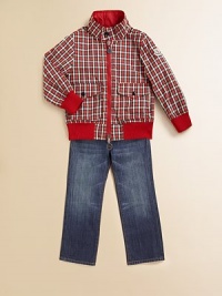 Plaid on one side, solid on the other, both in sturdy, effortless nylon for protection on the playground and the school bus.Stand collar with button tabFront zipperLong sleeves with ribbed knit cuffs, one sleeve with appliqué logoSnap flap patch pockets on one side, angled welt pockets on the otherRibbed knit waistband, one side with striped tippingNylonMachine washImported Plaid on one side, solid on the other, both in sturdy, effortless nylon for protection on the playground and the school bus.Stand collar with button tabFront zipperLong sleeves with ribbed knit cuffs, one sleeve with appliqué logoSnap flap patch pockets on one side, angled welt pockets on the otherRibbed knit waistband, one side with striped tippingNylonMachine washImported