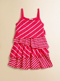 Tiers of ruffles get mixed up in stripes that adorn this warm-weather ready frock ScoopneckSpaghetti strapsPullover styleFull, ruffled skirt39% supima pima/39% micro modal/22% polyesterMachine washImported Tiers of ruffles get mixed up in stripes that adorn this warm-weather ready frock ScoopneckSpaghetti strapsPullover styleFull, ruffled skirt39% supima pima/39% micro modal/22% polyesterMachine washImported