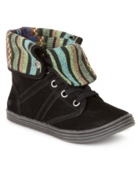 To pattern, or not to pattern. That is the question. The Razmitten booties by Blowfish can cuff up or down, depending on your mood. To pattern, or not to pattern. That is the question. The Razmitten booties by Blowfish can cuff up or down, depending on your mood.