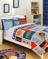 Go for the win! This Blue Leader decorative pillow pack offers major league style with a sports-themed design, featuring basketball, baseball, football and soccer for the all-star kid in your family. Go for the win! This Blue Leader decorative pillow pack offers major league style with a sports-themed design, featuring basketball, baseball, football and soccer for the all-star kid in your family.