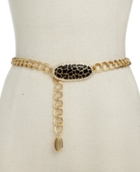 Ferociously fierce fashion. This edgy gold tone chain belt by Kenneth Jay Lane features a spotted black enamel buckle with jeweled embellishments. Ferociously fierce fashion. This edgy gold tone chain belt by Kenneth Jay Lane features a spotted black enamel buckle with jeweled embellishments.
