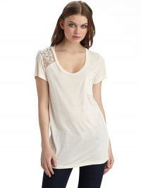 The classic pocket tee gets a glamorous update with a chiffon inset on one shoulder, embellished with chunky beads and chains.Scoopneck Single embellished shoulder Pullover style Short sleeves Chest welt pocket About 26¾ from shoulder to hem Rayon; hand wash Imported