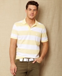 Earn your stripes. This polo from Nautica has a slim fit to accent your trim summer look. Earn your stripes. This polo from Nautica has a slim fit to accent your trim summer look.