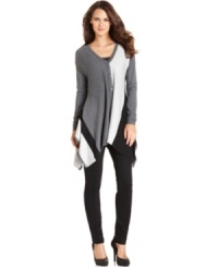 Alfani's colorblocked cardigan looks extra stylish with an asymmetrical hem. Alfani's colorblocked cardigan looks extra stylish with an asymmetrical hem.