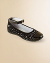 Shimmering Swarovski crystals are sprinkled like tiny stars atop velvety suede flats so your young lady can pirouette as she pleases.Removable buckle ankle strapSuede upper with patent leather strap and toeRubber solePadded leather insoleLeather liningImported