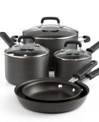 Stock your space. Traditional styling, easy, comfort grips and a long-lasting, durable nonstick finish draw you to this chef's essential set. Enjoy the ease and precision of the heavy-gauge hard-anodized pieces, which heat up quick, clean up fast and create a lifetime of magnificent meals. Lifetime warranty. (Clearance) Stock your space. Traditional styling, easy, comfort grips and a long-lasting, durable nonstick finish draw you to this chef's essential set. Enjoy the ease and precision of the heavy-gauge hard-anodized pieces, which heat up quick, clean up fast and create a lifetime of magnificent meals. Lifetime warranty. (Clearance)